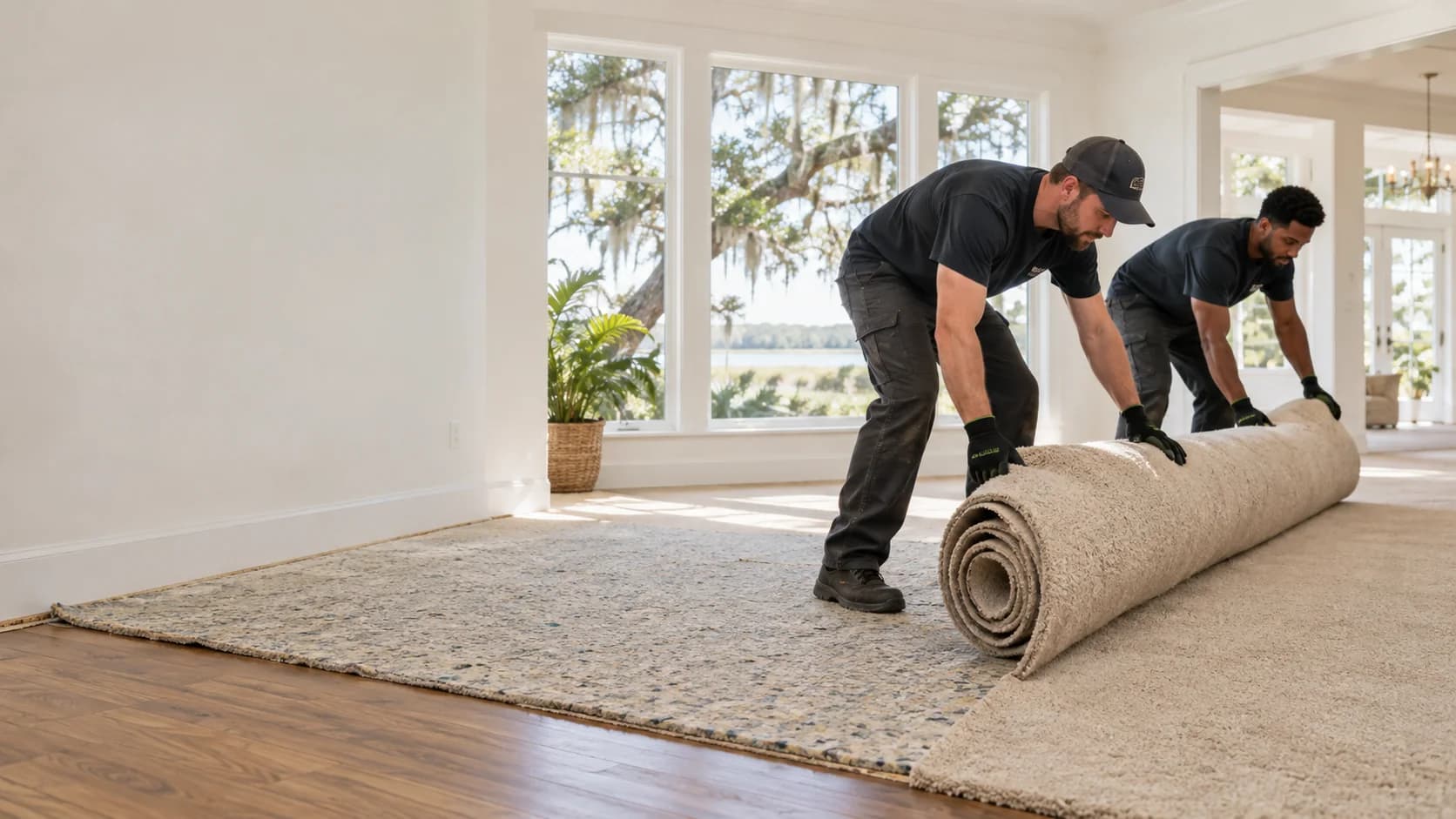 Workers rolling up old carpet in a residential room