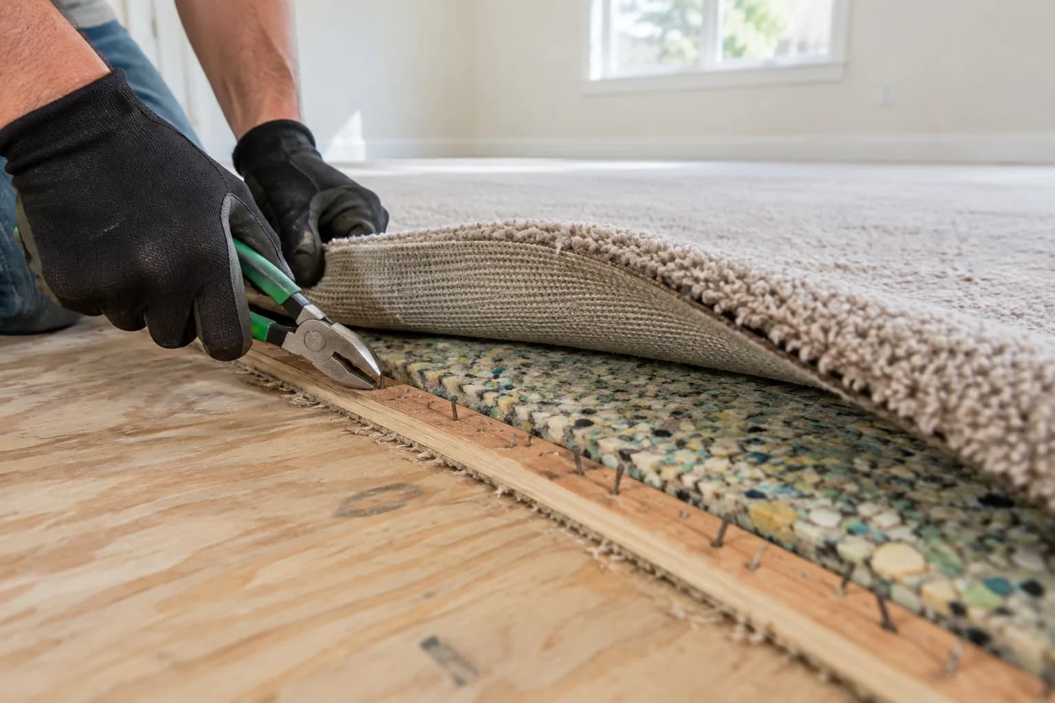 Carpet, padding, tack strip, staples, and wood floor shown in layers